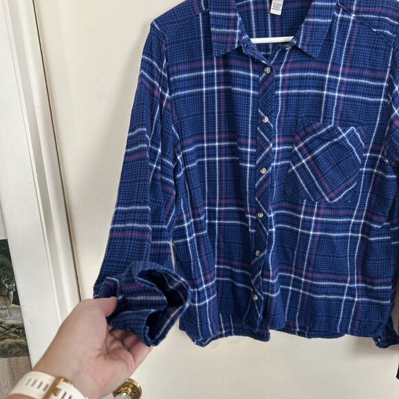 Arizona Jeans Co Button Up Shirt Women’s XL Blue Plaid Flannel Long Sleeves - Picture 3 of 7
